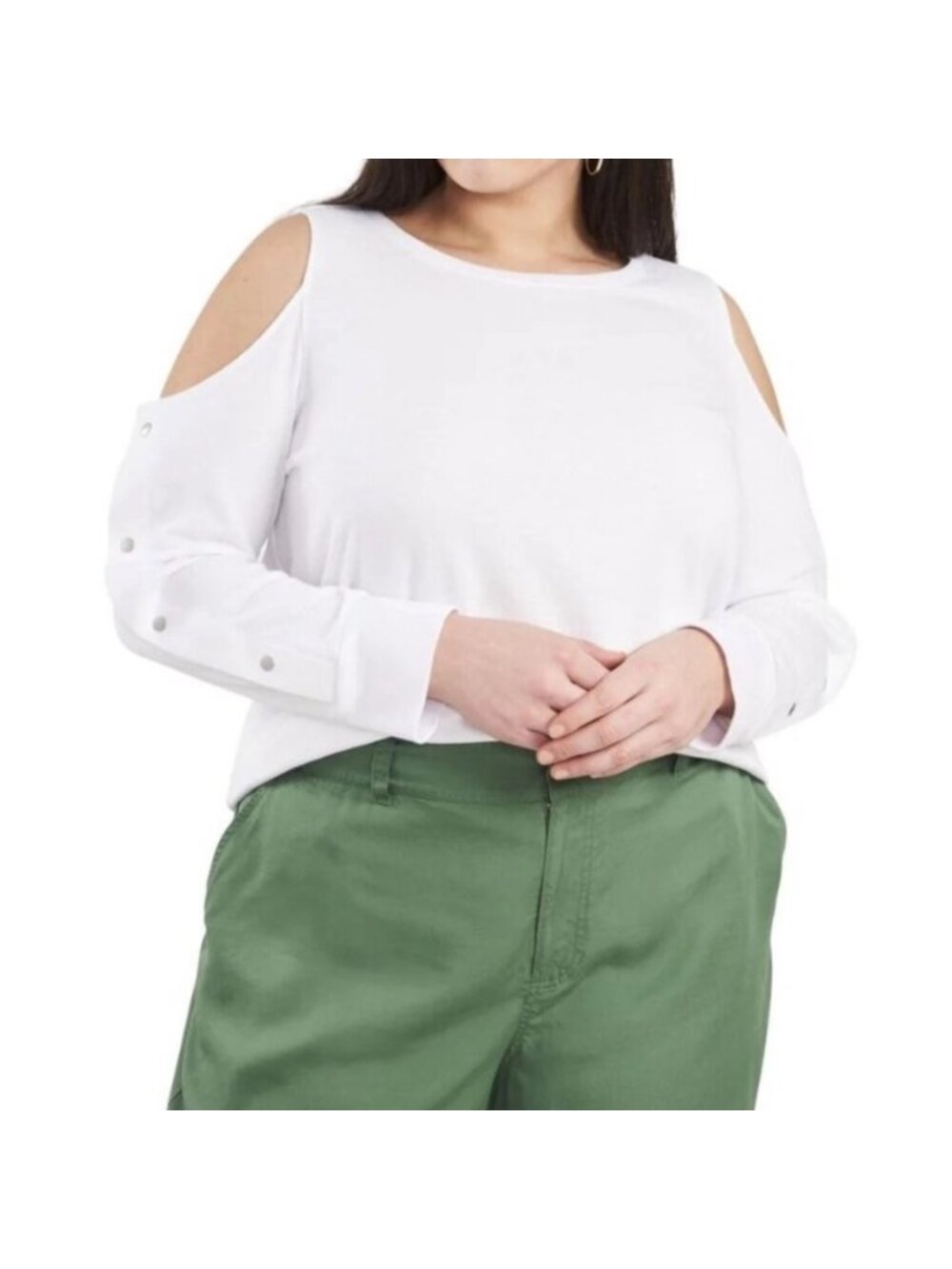 Vince Camuto Top 2X Plus Ultra White Cold Shoulder Snap Long Sleeve Pullover